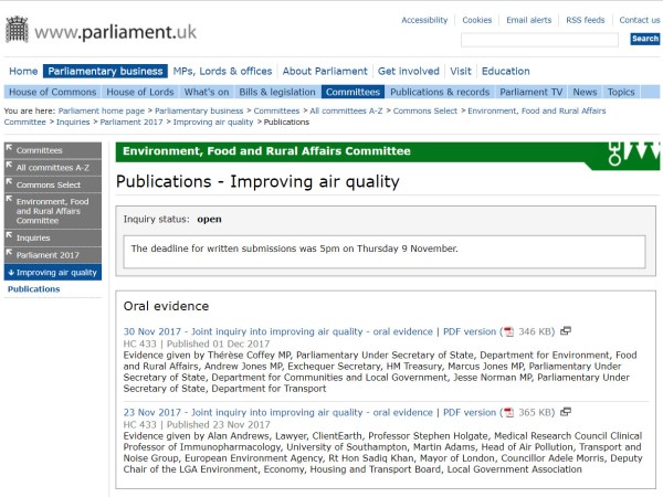 Our “Improving Air Quality” Evidence is published online on the parliament.uk website