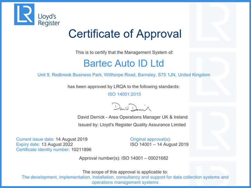 ISO 14001 Approval Standard For Bartec Auto ID